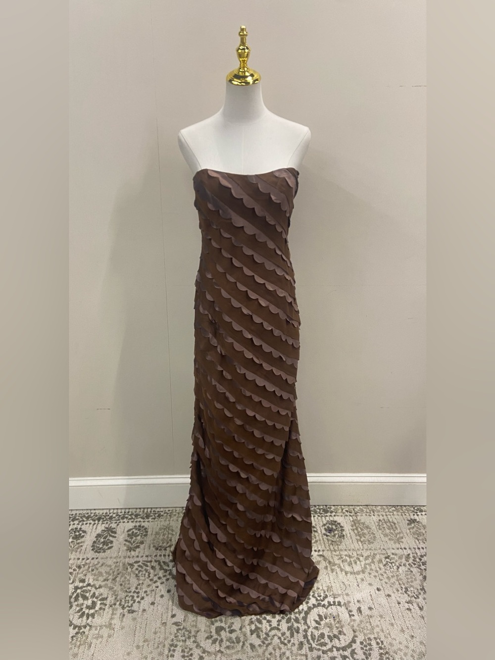 NWT Strapless Chocolate Brown Scallop-Trim Evening Dress